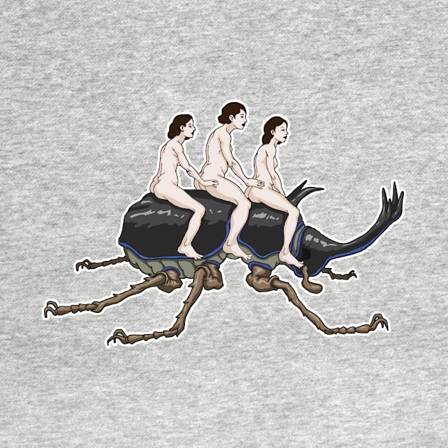 Three Woman on a Rhinoceros Beetle in the Underworld. by bananaobasan
